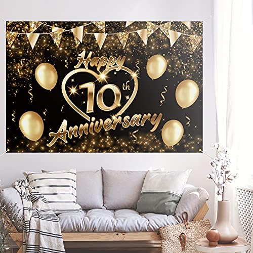 Sretna 10. Godišnjica pozadina Banner Decor crno zlato-Glitter Love Heart Happy 10 godina godišnjica