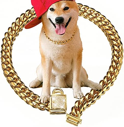 Dizajnerski ovratnik za pse Zlato metalni nehrđajući čelik sa cirkonijem bravom 14mm 18K zlato Veliki pas luksuzni