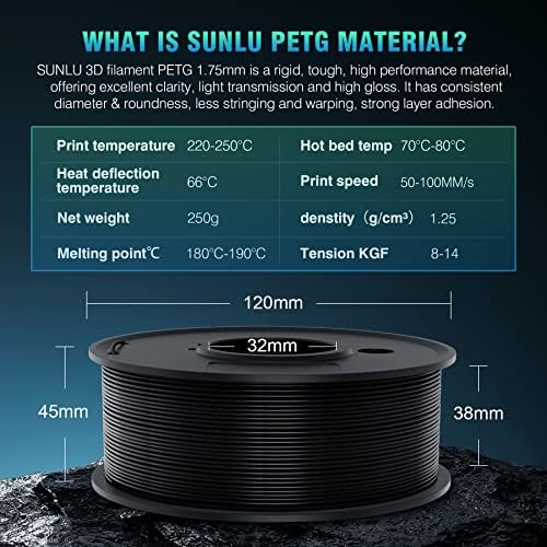 Sunlu 250g PETG filament 1,75mm snop paketa i plata 3D filament pisača crna, dimenzionalna tačnost +/- 0,02