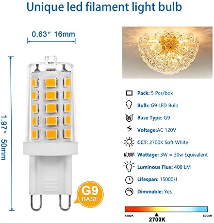 KGC 5 pakovanje G9 LED sijalica sa mogućnošću zatamnjivanja, 3w luster sijalice ,2700k 400 LM mekano