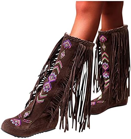 Masbird čizme za žene koljena High Western Fringe okrugli cipele Chunky Tassel Platform Boots Womens