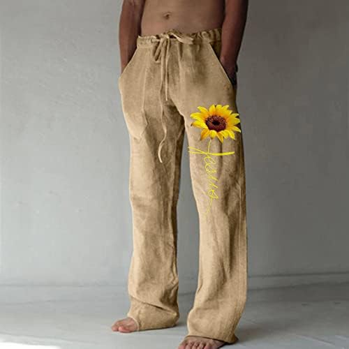 Plišani muški modni casual mali ispis pamuk i posteljina otisnuta posteljina džep čipkaste hlače velike