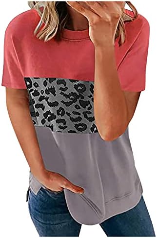Ljetne ženske boje blok t košulje posade vrat tunika vrhovi leopard kontrastne majice Bočni prorez pulover