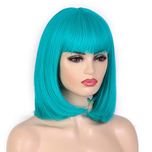 Lady Miranda Teal plava ravna kosa Bob perika plavkasto zelena Bob perike sa šiškama sintetičke pune perike