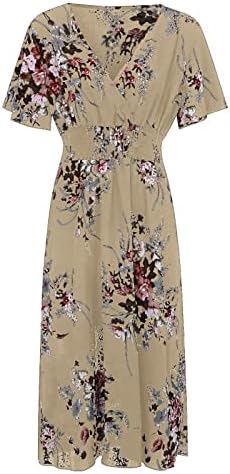 Ekoush Spring Wrap V izrez Srednja duljina haljina Bohemian Flower Print Haljine kratke rukave Izlaze haljina