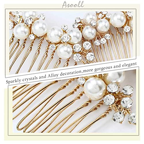 Asooll Pearl Wedding Hair Side Combs Set gold Rhinestone Bridal hair Clips Headpiece Hair Accessories