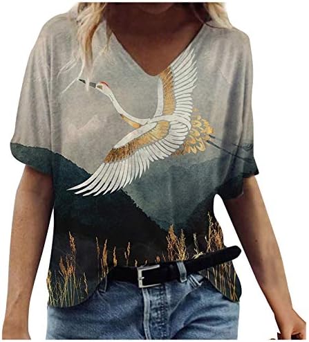 Ženske vrhove Dressy casual Fashion Print Crewneck majice Kratki rukav Labavi ugrađeni ties Ljetna tunika