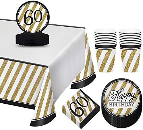 Sretan 60. rođendan crno-zlatni tanjiri sa prugama,60 salvete za ručak, šolje, pokrivač stola i Set središnjeg dijela