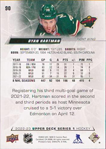 2022-23 Gornja paluba # 90 Ryan Hartman Minnesota Wild Series 1 NHL hokejaška trgovačka kartica