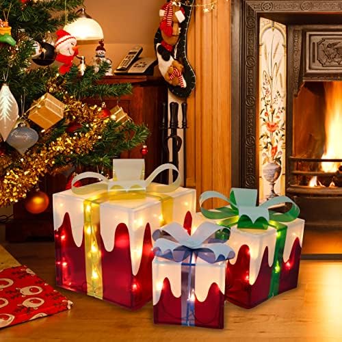 Joiedomi Set od 3 Snow Božićno osvijetljene poklon kutije, unaprijed osvijetljena lagana dekorativna PVC sadašnja kutija ispod dekora drveta, utikač za osvjetljavanje božićnih kutija prisutni ukrasi