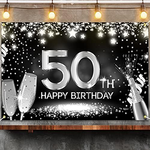 Sretan 50. rođendan Banner pozadina srebrne i Crne čaše za šampanjac 50 godina pozadini bday dekoracije