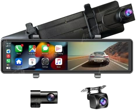 3-kanalni retrovizor Prijenosni automobil Audio, bežični Apple Carplay + Android Auto, 2.5k Dash Camera + dual 1080p sigurnosna kopija, 11.26 -Inch Potpuni ekran na dodir / GPS / Siri / FM