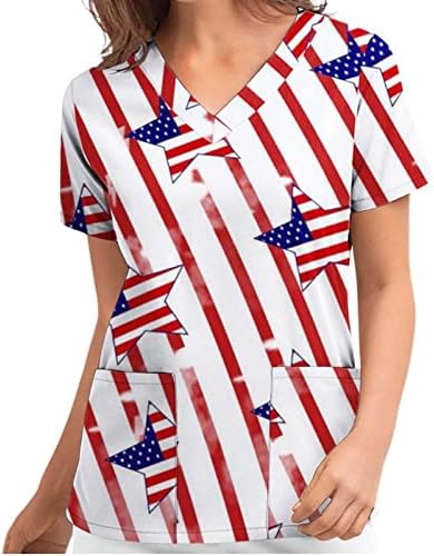 4. jula Tshirt za žene američka zastava ljetna kratka rukava V-izrez majica sa 2 džepa bluze praznična Ležerna