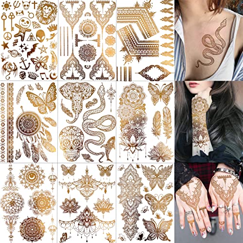 Vantaty 9 listovi 93+ Flash Gold Privremene tetovaže za žene Djevojke Hands rukave podružnice,