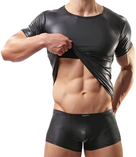 Muška seksi kožna majica bez kronga tanke noćne odjeće vrhovi mokrog izgleda potkošulja Crna