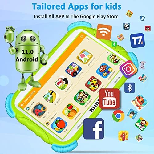 kimlok Dječiji Tablet Tablet za djecu，Android 11, 7 inča 2GB+32GB, WiFi, aplikacija za roditeljsku kontrolu，dvostruka kamera, Bluetooth, tableti za učenje za djecu sa futrolom za dječake i djevojčice zelene boje