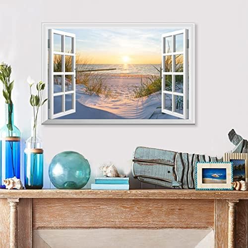 Woxfcart prozor na plaži slika na platnu zid Art Ocean Sunset Decor Žuti prirodni pejzaž sa