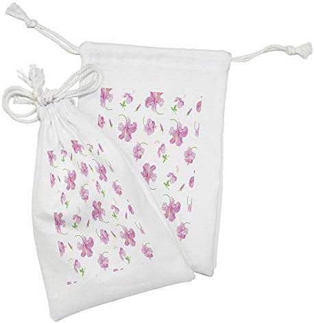 Ambesonne cvjetna tkanina TOUCH set od 2, Hibiskus cvjeta cvijeće na običnom pozadinu sa cvjetnim uzorcima u stilu zemlje, male torbe za vuču za maske za toaletne potrepštine, 9 x 6, ružičasta bijela