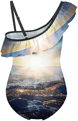 WEEDKEYCAT Earth Galaxy Space ženski kupaći kostimi s jednim ramenom s volanima kupaći kostim kupaći