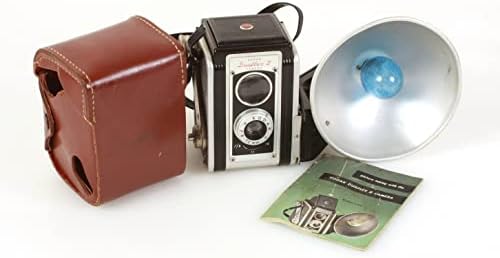 Art Deco kamera sa dvostrukim objektivom sa blicem i futrolom