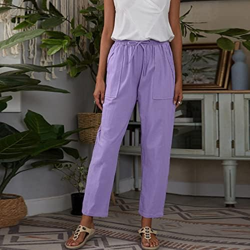 Ležerne letnje pamučne lanene pantalone za žene labave pantalone sa ravnim nogavicama visokog struka duge pantalone sa džepovima udobne pantalone
