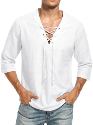 Lecgee Muška majica za pamučnu posteljinu s kratkim rukavima V izrez čipka za izrez Hippie Beach