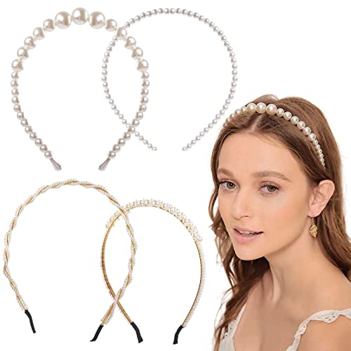 4 kom Pearl Headbands for Women-Headbands for Hair Band With Pearls-Gold & amp; White Faux Pearl