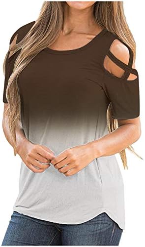 Nyybw Criss Cross hladna ramena T-Shirt za žene gradijent boja Casual Tops Crewneck kratki