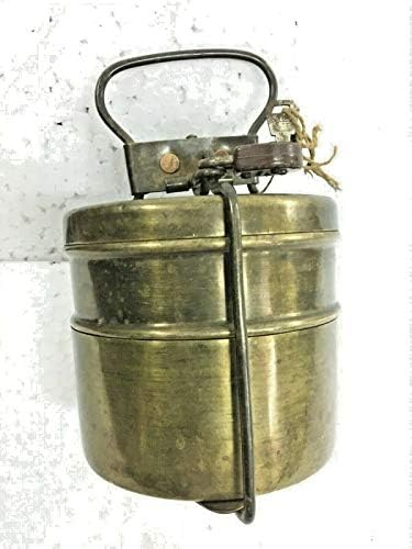 Vintage stara ručno izrađena 2 pretinac mesing Tiffin Antique Lunch Box sa bravom & amp; ključ.