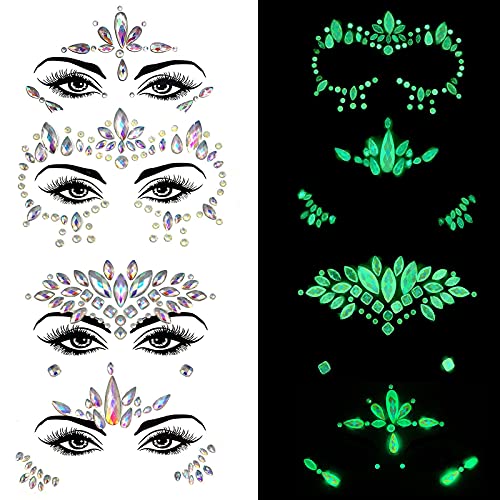 4 pakovanja noćnih svjetlećih lica Gems naljepnica sjaj u tamnom licu dragulji fluorescentni tetovaža lica samoljepljivi