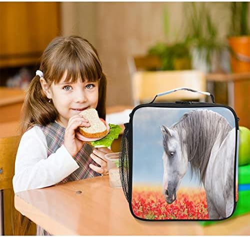 Dječija torba za ručak 0016 bijeli konj na livadi sa cvijećem maka izolovana hladnjača termo višekratna