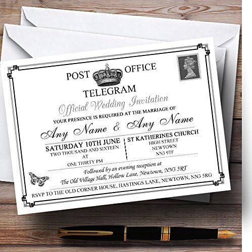 Vintage telegram elegantne bijele personalizirane pozivnice za vjenčanje