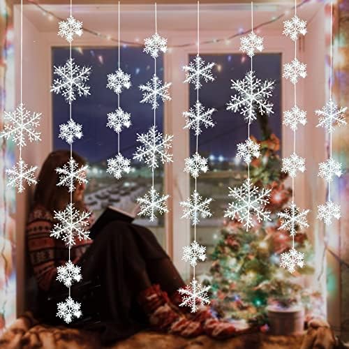 Fenjoym Snowflake ukrasi Božić ukrasi Garland plastike Glitter viseća pahuljica za dom Božić odmor