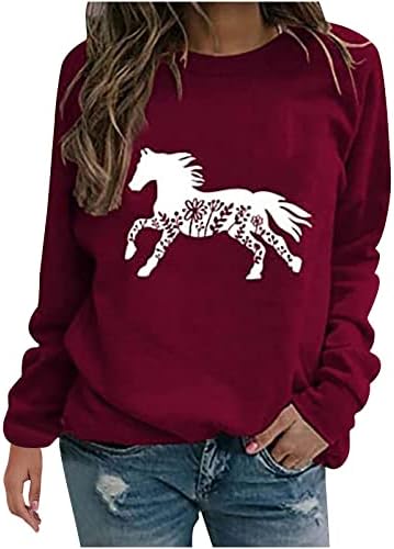 Konjski duks za žene, cvjetna majica s dugim rukavima print Crewneck majica casual labav pulover