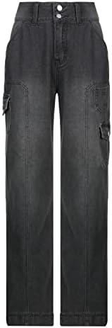 Ženska 90-ih visoki struk vrećice široke noge ravne traper teretne hlače, casual bagergy pantalone traper