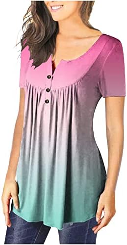 Gradient Ispis Retro kratka rukama s kratkim rukavima za žene dugme V izrez Pleated mrežaste bluze