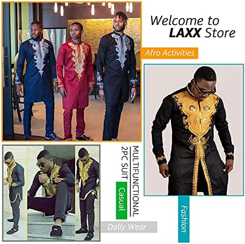 Laxxa afrički muški set za muškarce, zlatni print dugih rukava Dashiki i hlače Outfit tradicionalno