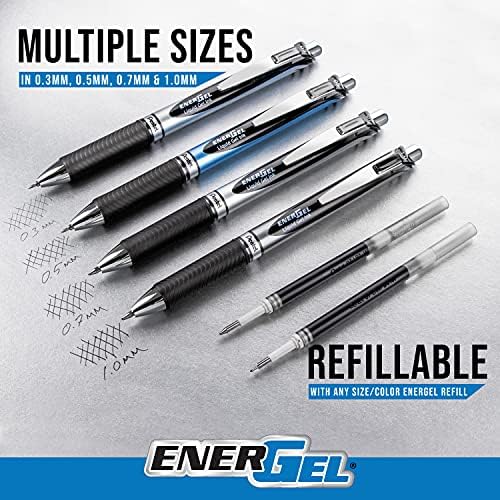 Pengel Energel RTX uvlačiva tekuća gel, 0,7 mm, srednja linija, metalni vrh, crna tinta, 15 olovka i 12 set vrijednosti