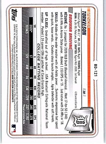 2020 Bowman nacrt BD-121 Spencer Torkelson RC Rookie Detroit Tigers Baseball Trgovačka kartica