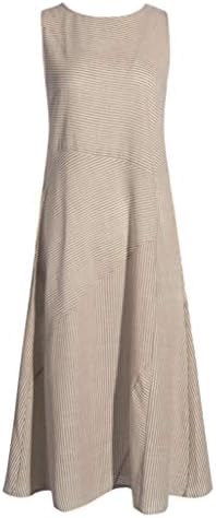 Haljina za žene, JFLYOU jednostavan stil Casual prugaste haljine bez rukava posada vrat laneni džep duga haljina