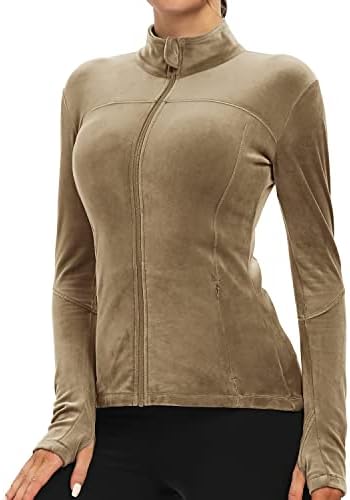 Queenieke trčanje jakne za žene, pamučna-mekana puna zip tanka montaža atletski vježbati sa džepovima