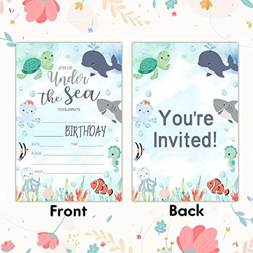 Rlcnot kartice za rođendan sa kovertenim skupom od 20 - akvarel okean pod morskim rođendanskim pozivima za djecu,