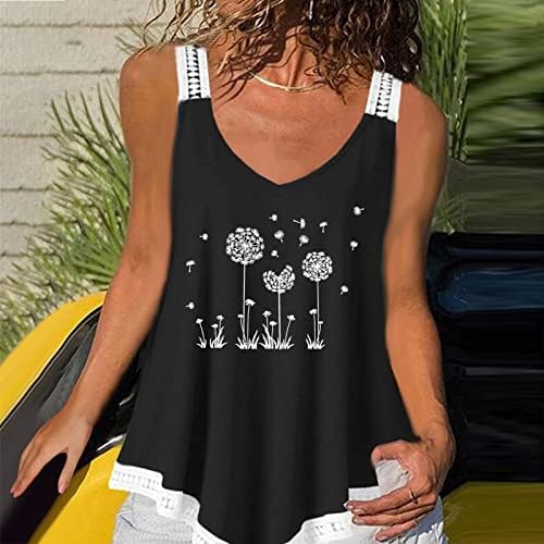 Fragarn Womens Summer Tank Tops Maslačak Print Sleeveless Špageti Trake V-Izrez Shirt Vest Casual