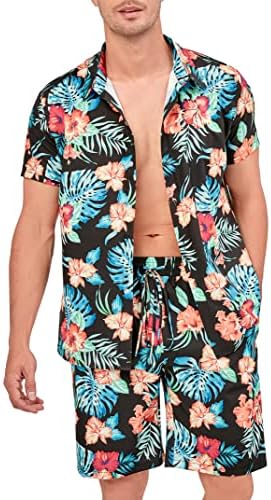 KOJOOIN muški havajski Setovi ljetna košulja s dugmetom na plaži i kratke hlače Ležerna tropska Odjeća 2 komada