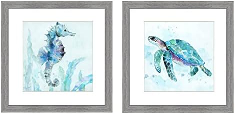 Seahorse & morska kornjača 12x12 Primorski Nautički Wallart Picture Frame Print Painting / Set 2 | Wall