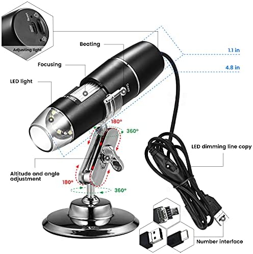 Lady House Handheld USB digitalni mikroskop sa metalnim postoljem, prenosni HD 1000 x inspekcijski pregled u povezivanju sa 8 LED svjetla za Android Mac Windows računar