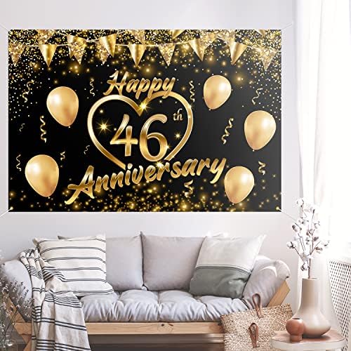 Sretna 46. godišnjica pozadina Banner dekor crno zlato-Glitter Love Heart Happy 46 godina godišnjica vjenčanja Party Tema dekoracije za žene i muškarce potrošni materijal, 3.9 x 5.9 ft