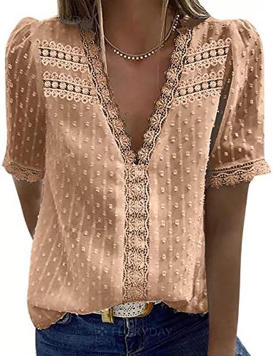 Vrhovi za žene kratki rukav V-izrez čipkasta kukičana tunika Top Flowy Casual bluze majice čvrste