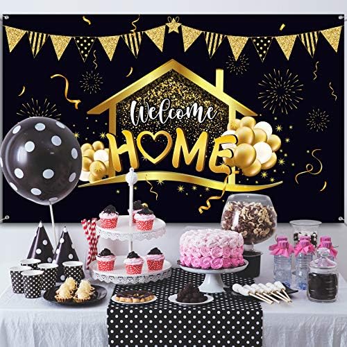 Welcome Home Backdrop homecoming party Decorations Supplies Welcome Back Home Banner Return Home photography Background for Family Party Home Decoration Photo Booth crno zlato, 70.8 x 43.3 Inch