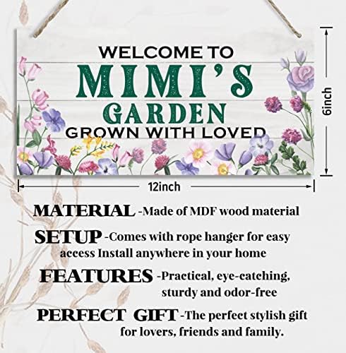Vintage Style Dobrodošli u Mimi's Garden Pogođen sa znakom od voljenog drveta, visećim tiskanim drvenim